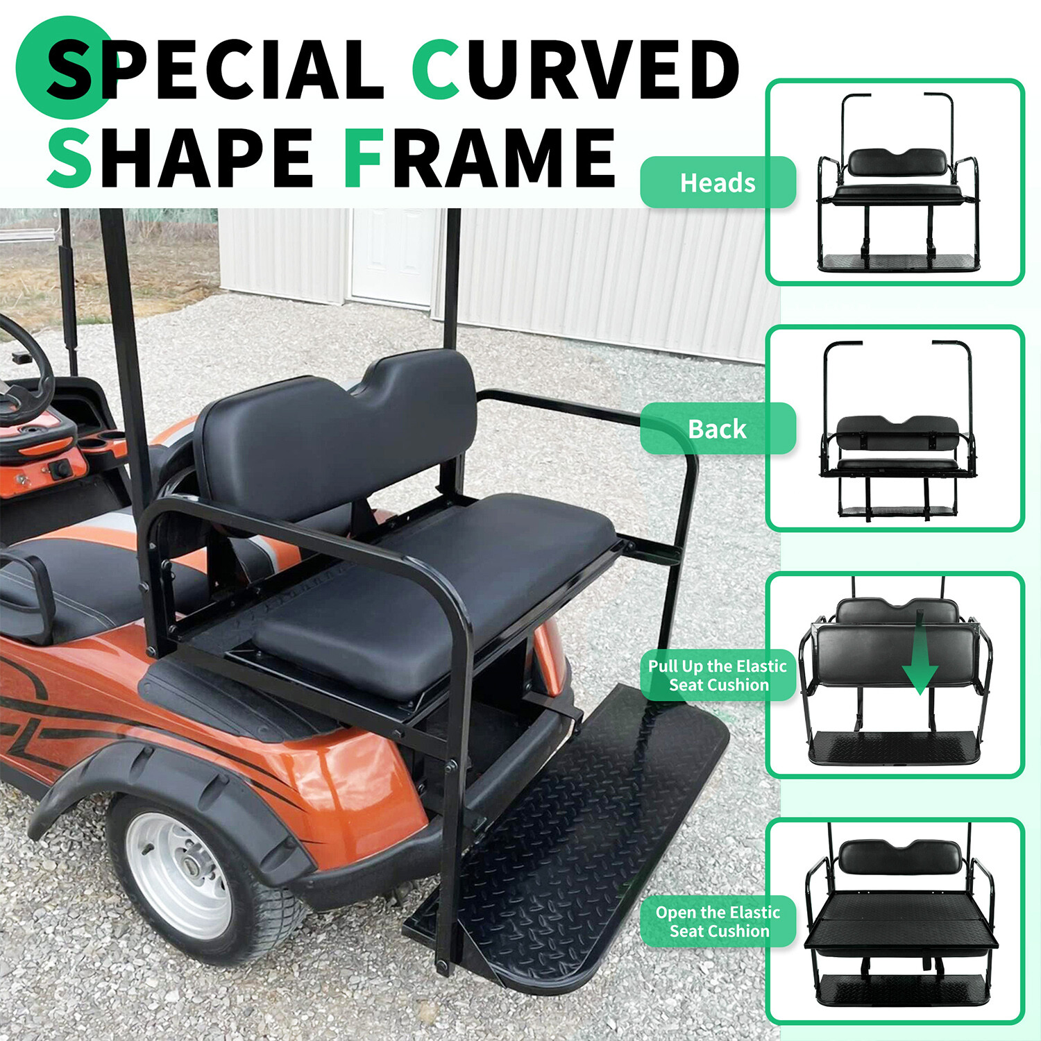 Golf Cart Flip Folding Rear Back Seat Kit w/ Roof Support For EZGO TXT 1995-UP