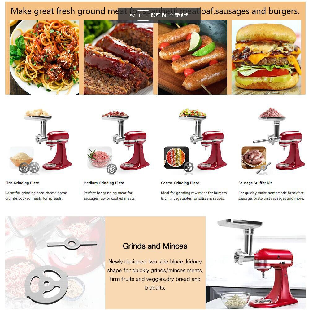3Sets For KitchenAid Meat Grinder+Prep Slicer+Jams Juicer Stand Mixer Attachment