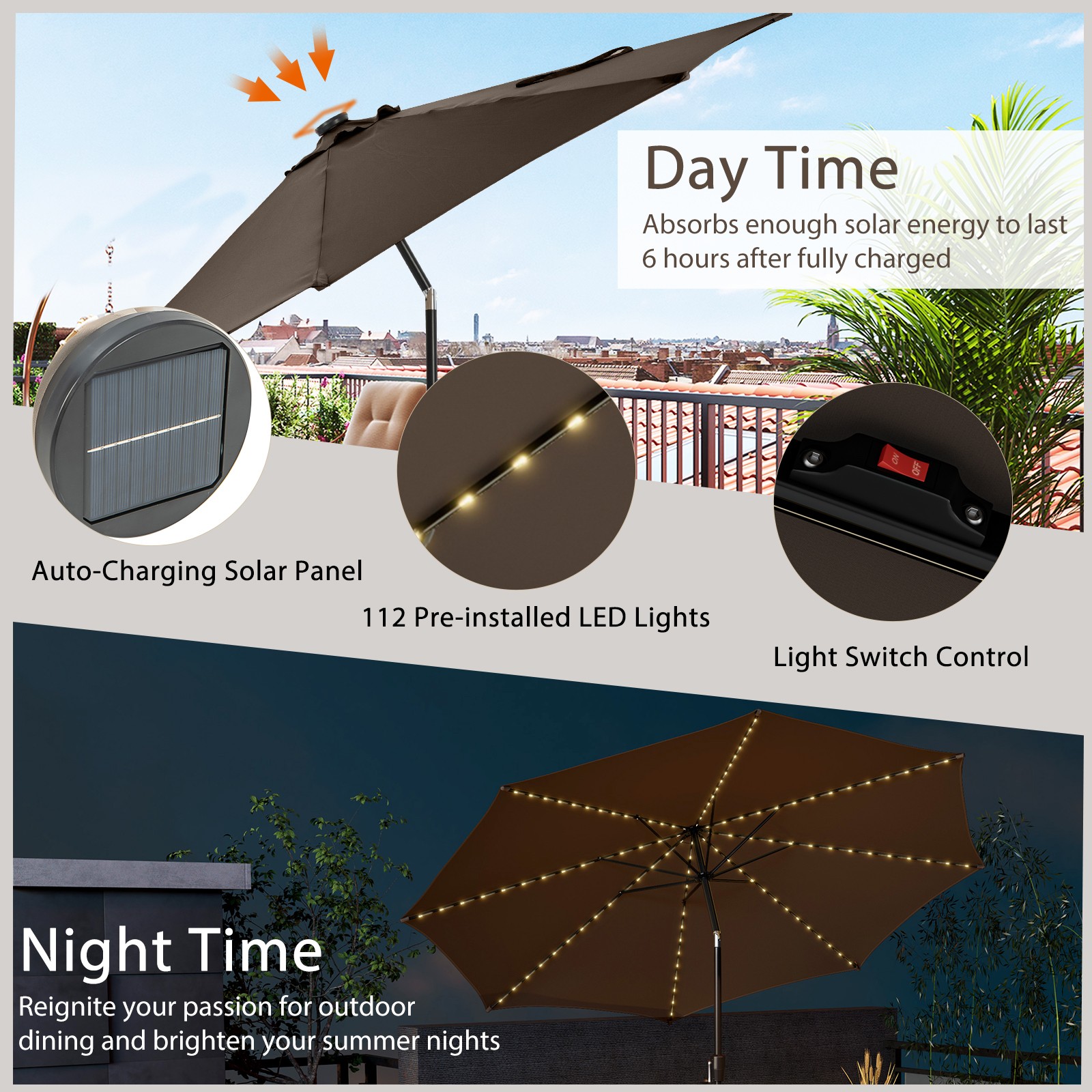 10 FT 112 LED Solar-Lighted Patio Market Umbrella Crank Tilt Outdoor Coffee