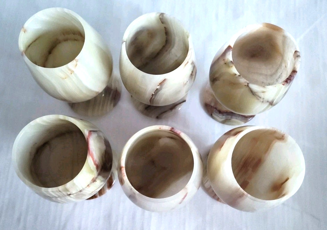 6 Polished Onyx Marble Stemmed Natural Stone 5" Wine Sherry Goblets Chalice Case