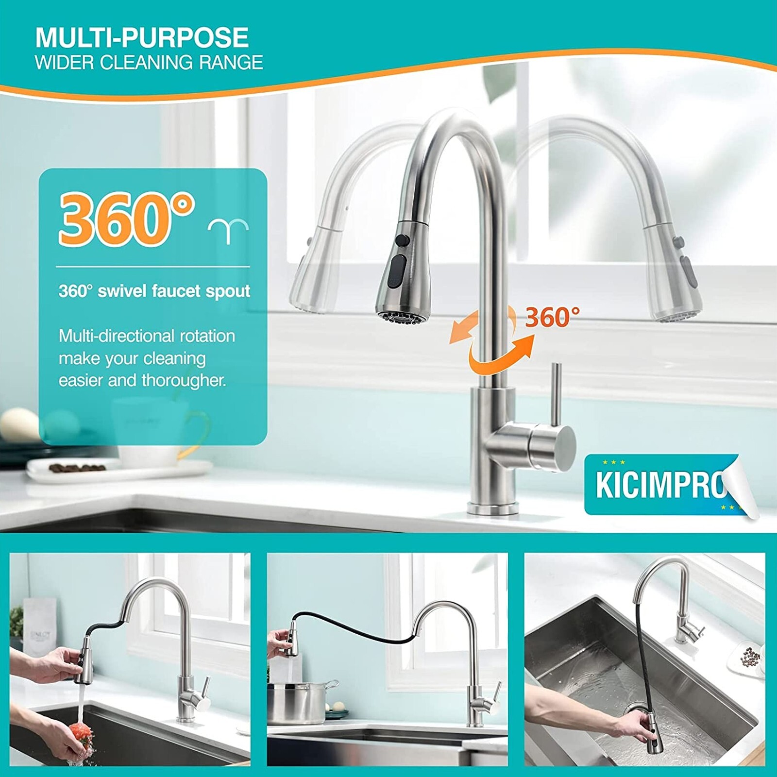 Brushed Nickel Kitchen Faucet Sink Mixer Faucet Pull Down Sprayer Single Handle