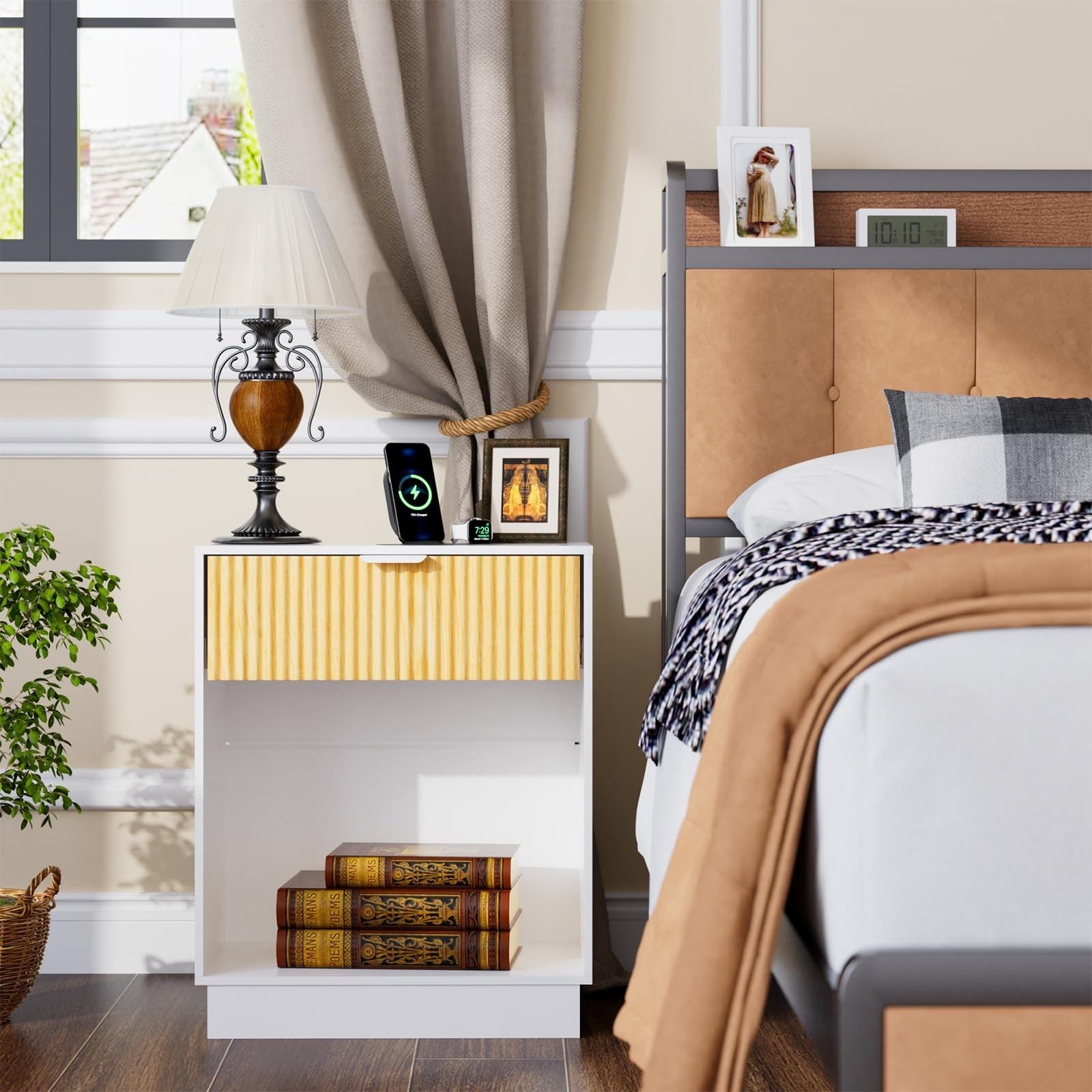 Fluted Nightstands Set of 2, Wood Bedside Table with Drawer and Open Shelf, M...