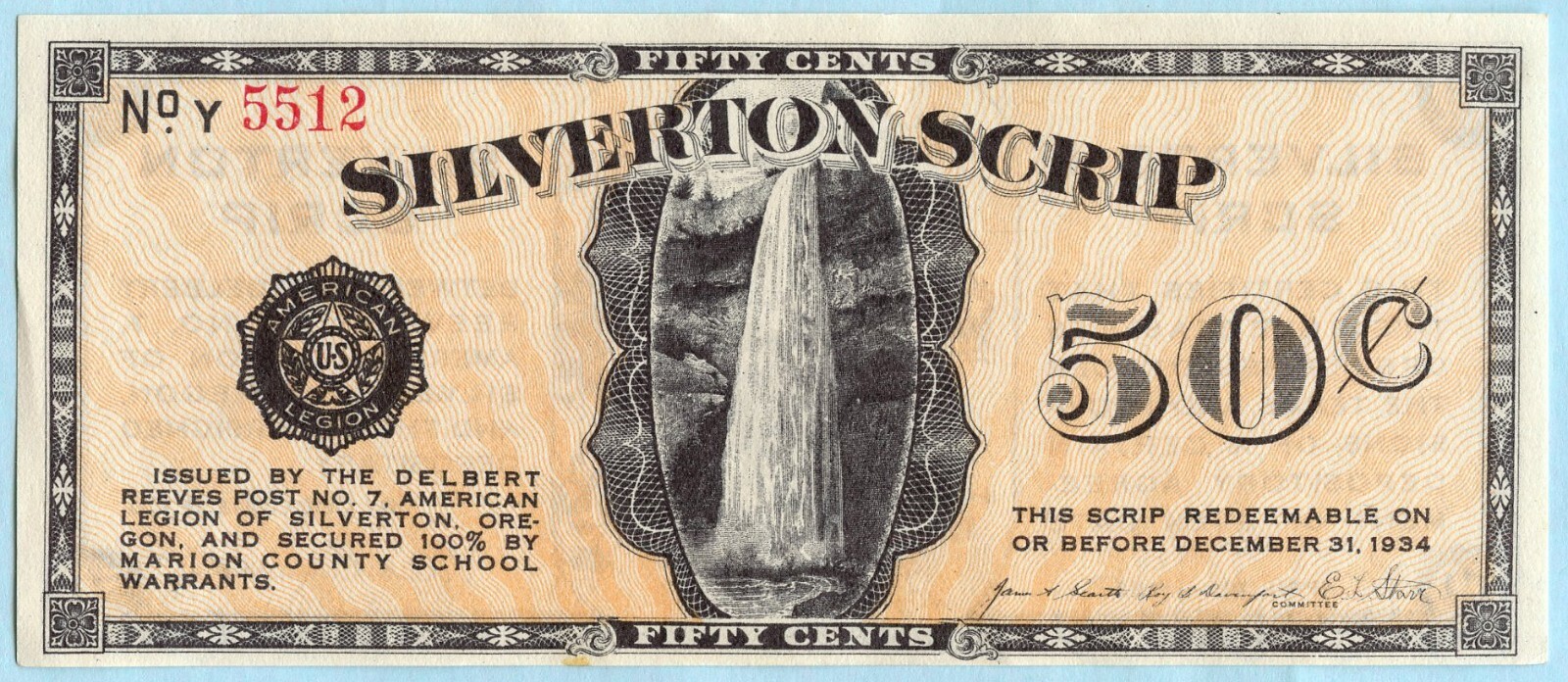1933-34 50¢ "WATERFALL NOTE" SILVERTON OREGON DEPRESSION SCRIP