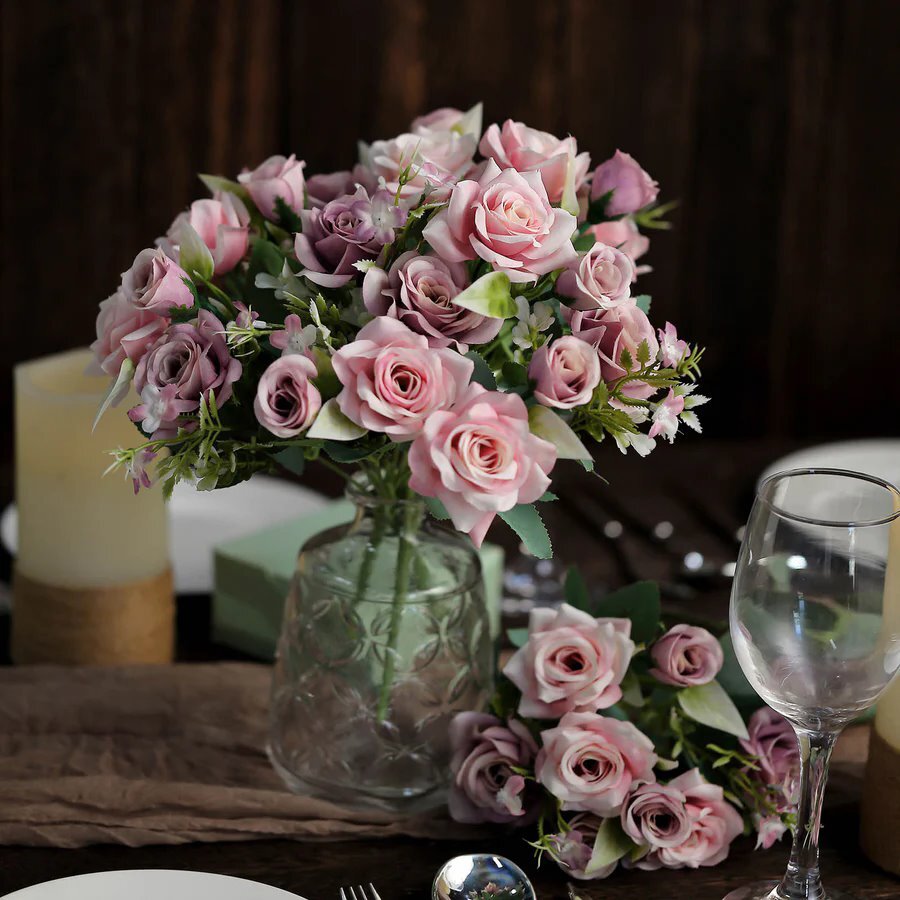 DUSTY ROSE 4 Bushes 12" Silk Roses Artificial FLOWERS Bouquets Party Home