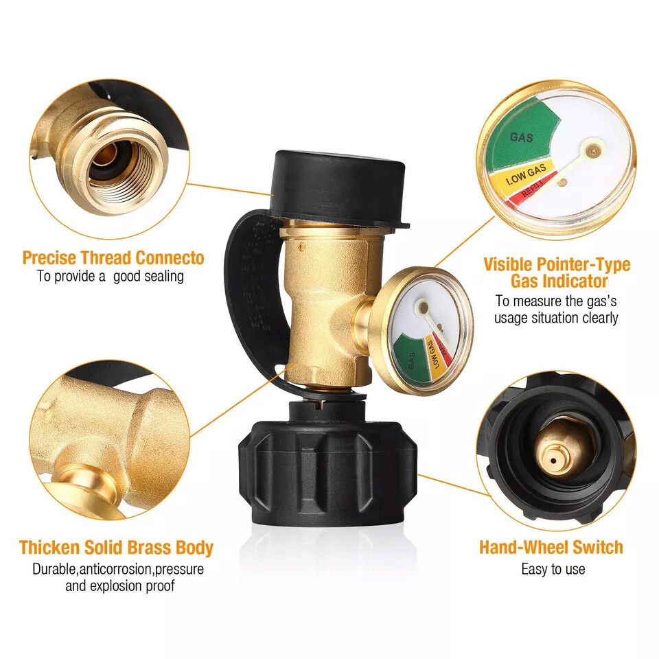 Propane Tank Gauge Brass Adapter w/Gas Pressure Level Meter Indicator for BBQ RV