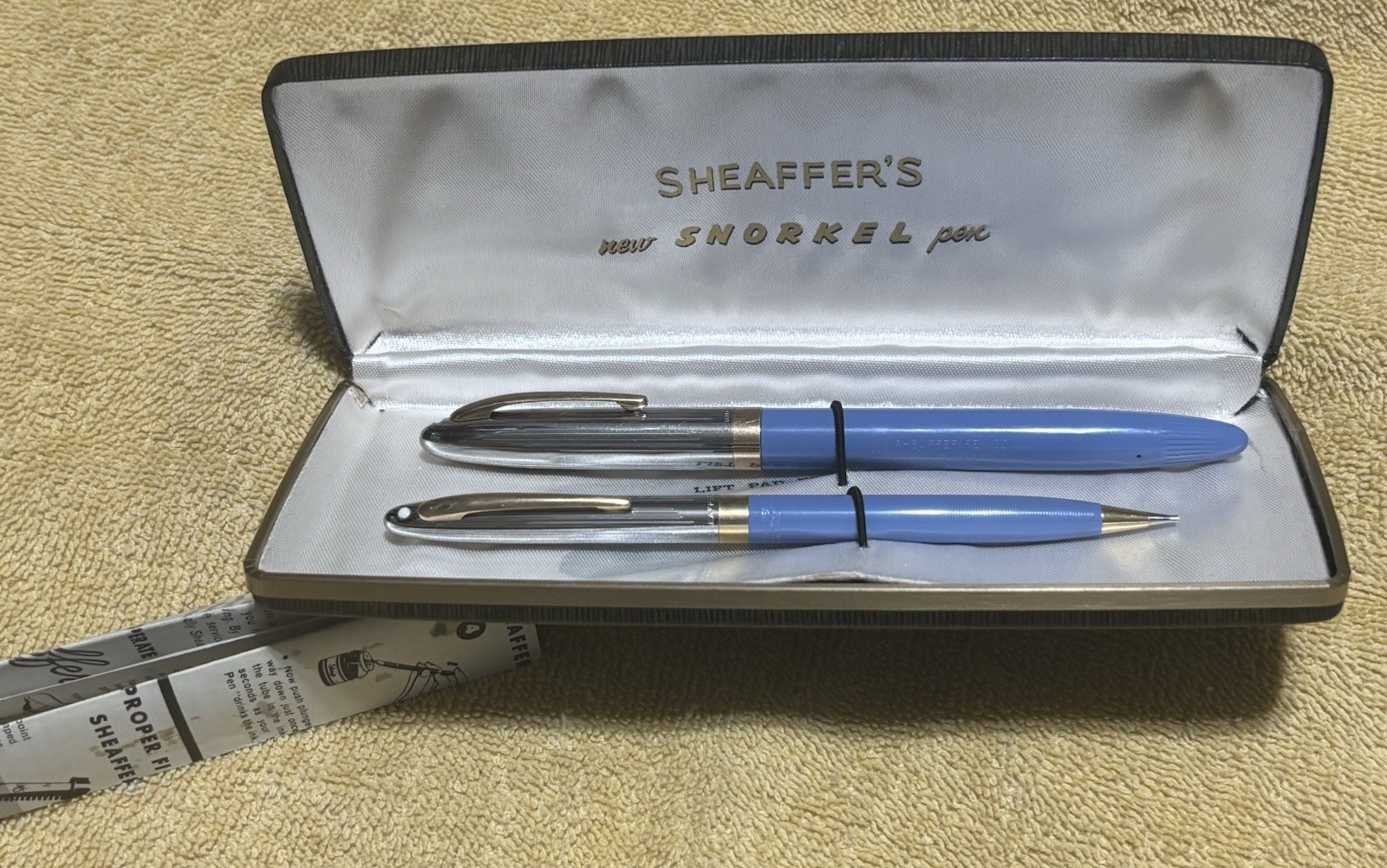 Sheaffer Vintage Snorkel Fountain Pen Mechanical Pencil Periwinkle 14k Nib