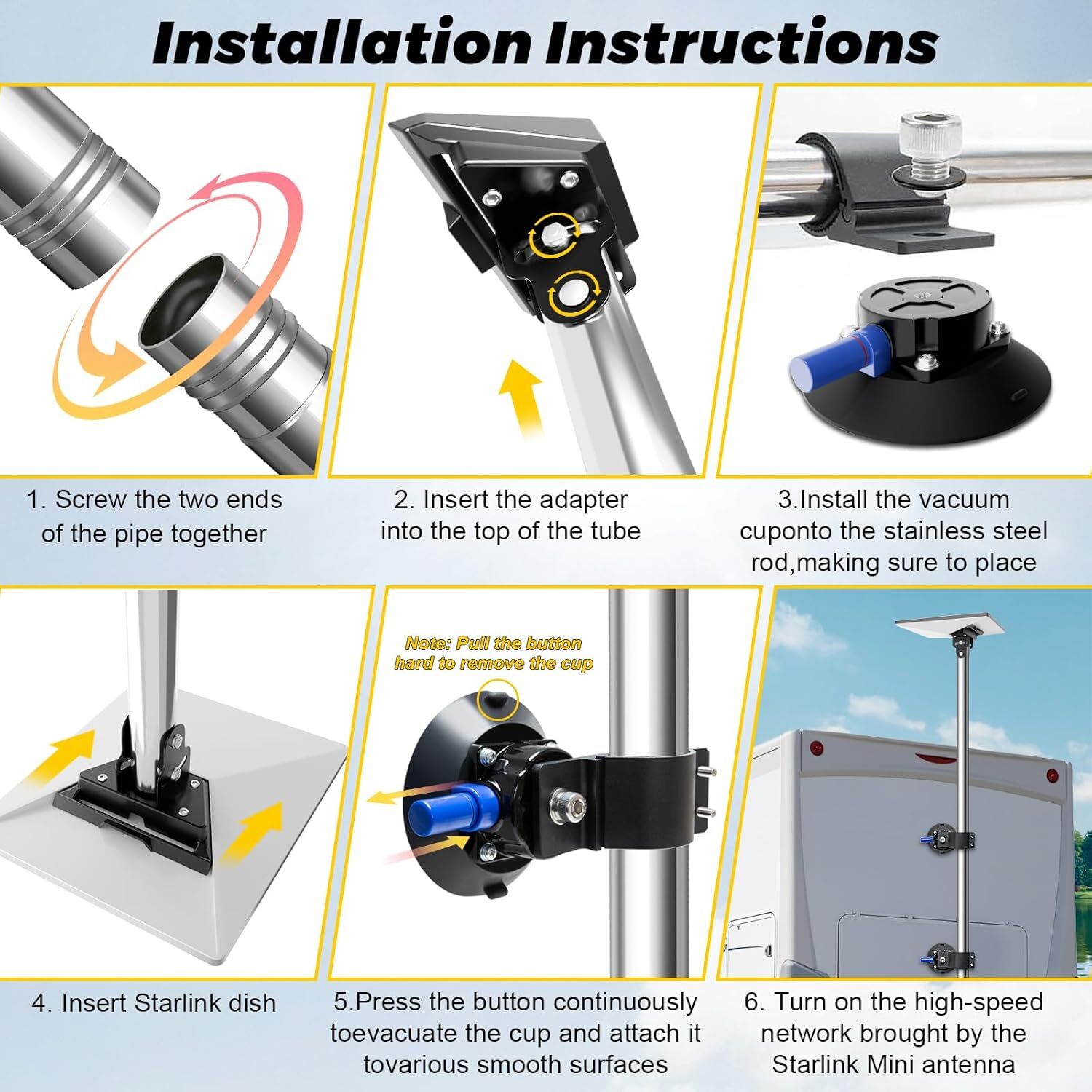 Starlink Mini Pole Mount, 8 Ft Starlink Mimi Mounting Kit with 4.5" Suction Feet
