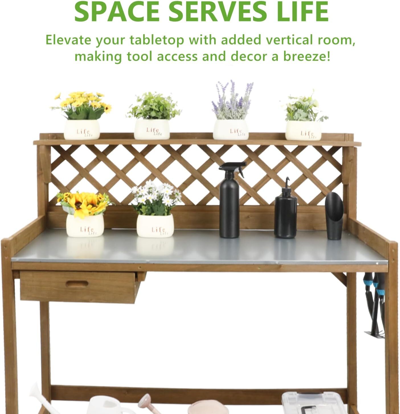 PetsCosset Outdoor Potting Bench Table Wooden Lattice Back Work Station