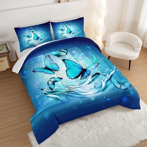Fantasy Butterfly Comforter Set Size,Butterflies on Water Flash Queen Blue