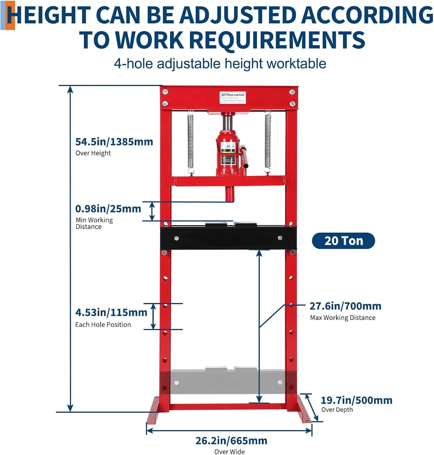 20 Ton Hydraulic Shop Press H-Frame Adjustable Height Movable Plates for Garage