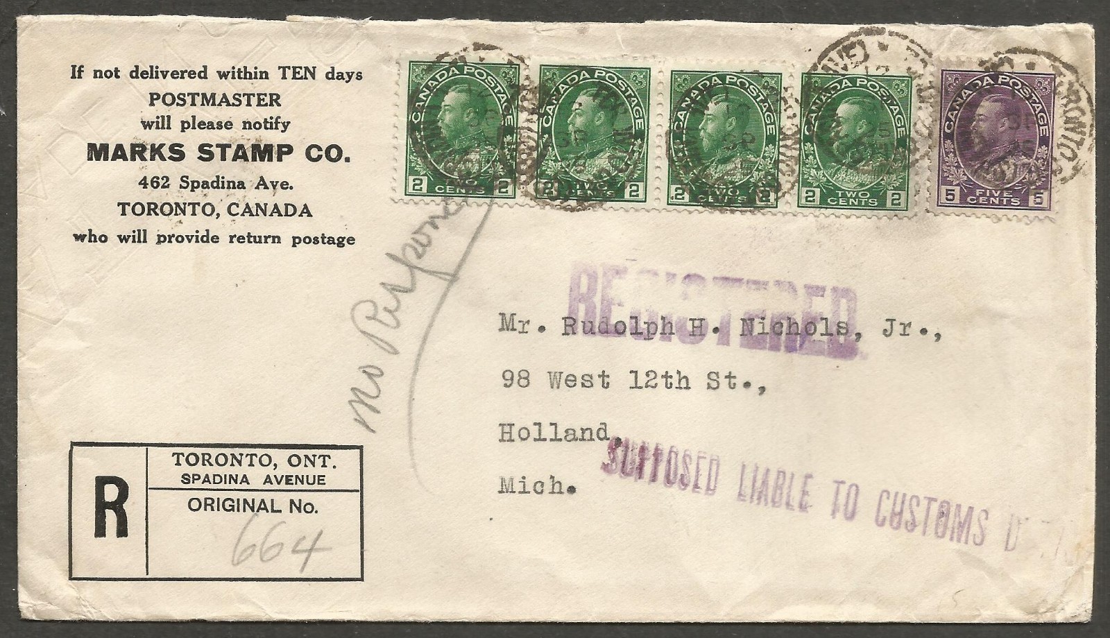 1925 Marks Stamp Dealer Cover Registered 13c Admirals CDS Toronto Spadina Ont