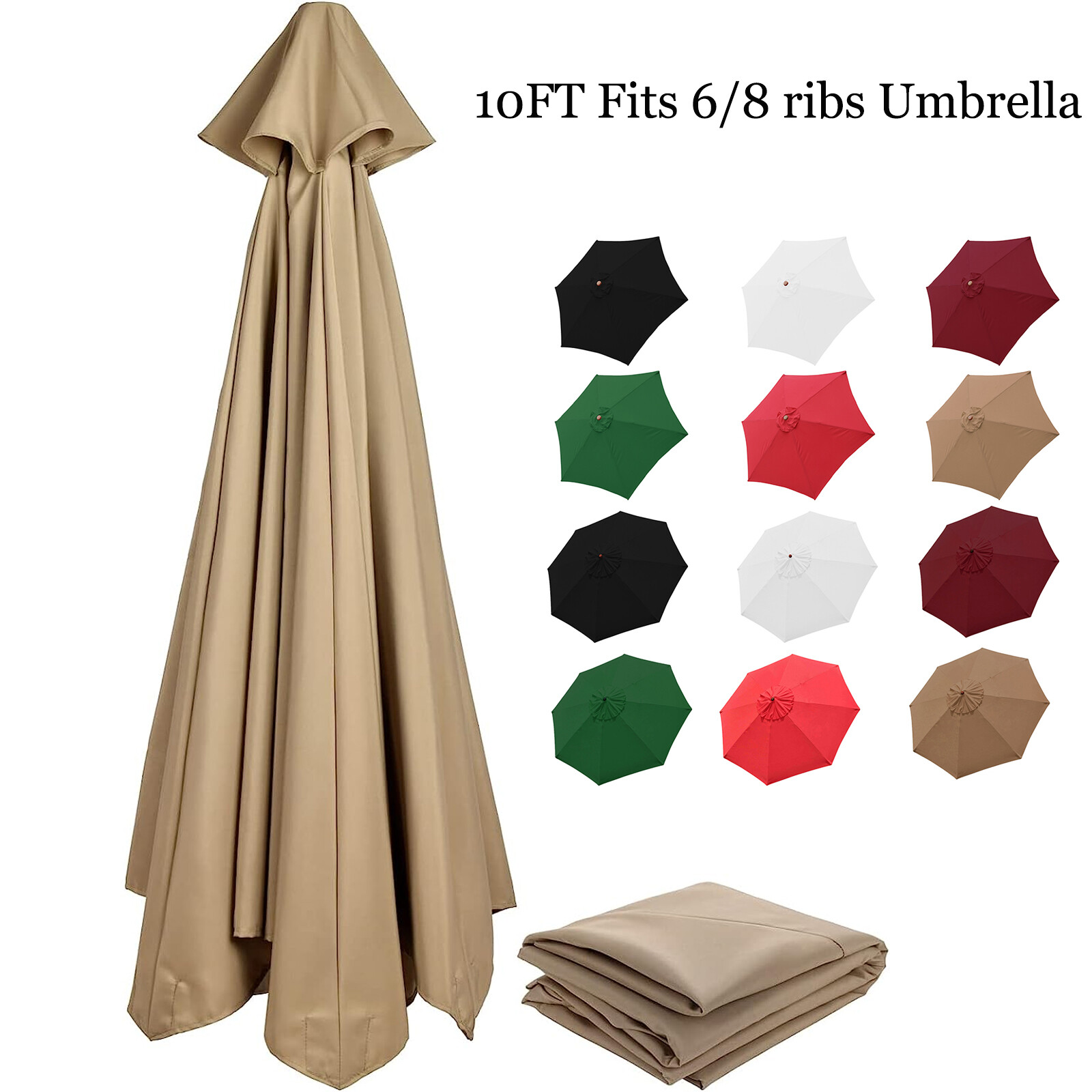 10ft Patio Umbrella Canopy Top Cover Replacement Fits 6/8 Ribs (Canopy Only)