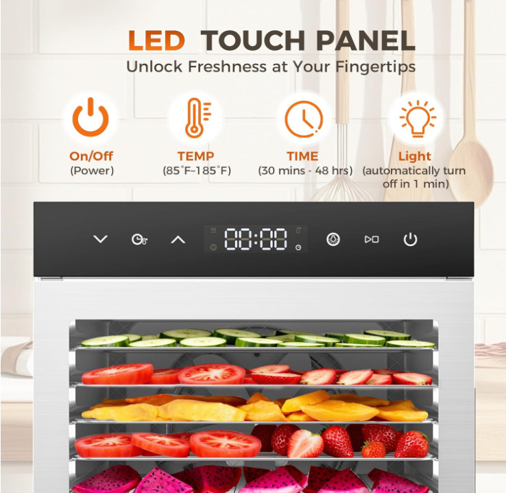 Deshidratador 500W 8 Bandejas Acero Temp 85°C Timer 24H Fruta Carne, Nuevo