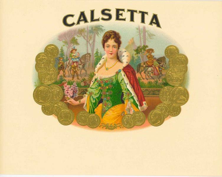AUTHENTIC CALSETTA CIGAR BOX LABEL QUEEN ROYAL HORSEBACK EMBOSSED BRONZED 1910