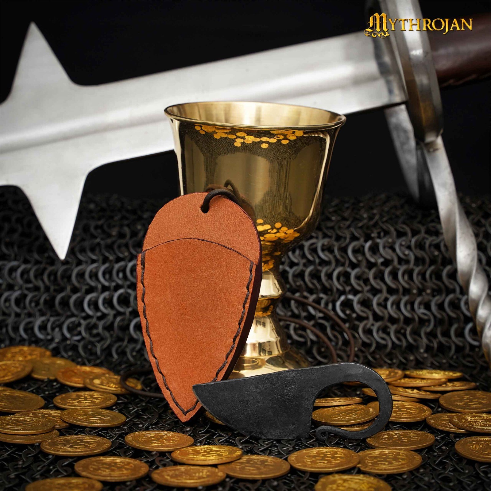 Hunting Pocket Knife Hand Forged Celtic Blade with Necklace Leather Sheath Tan