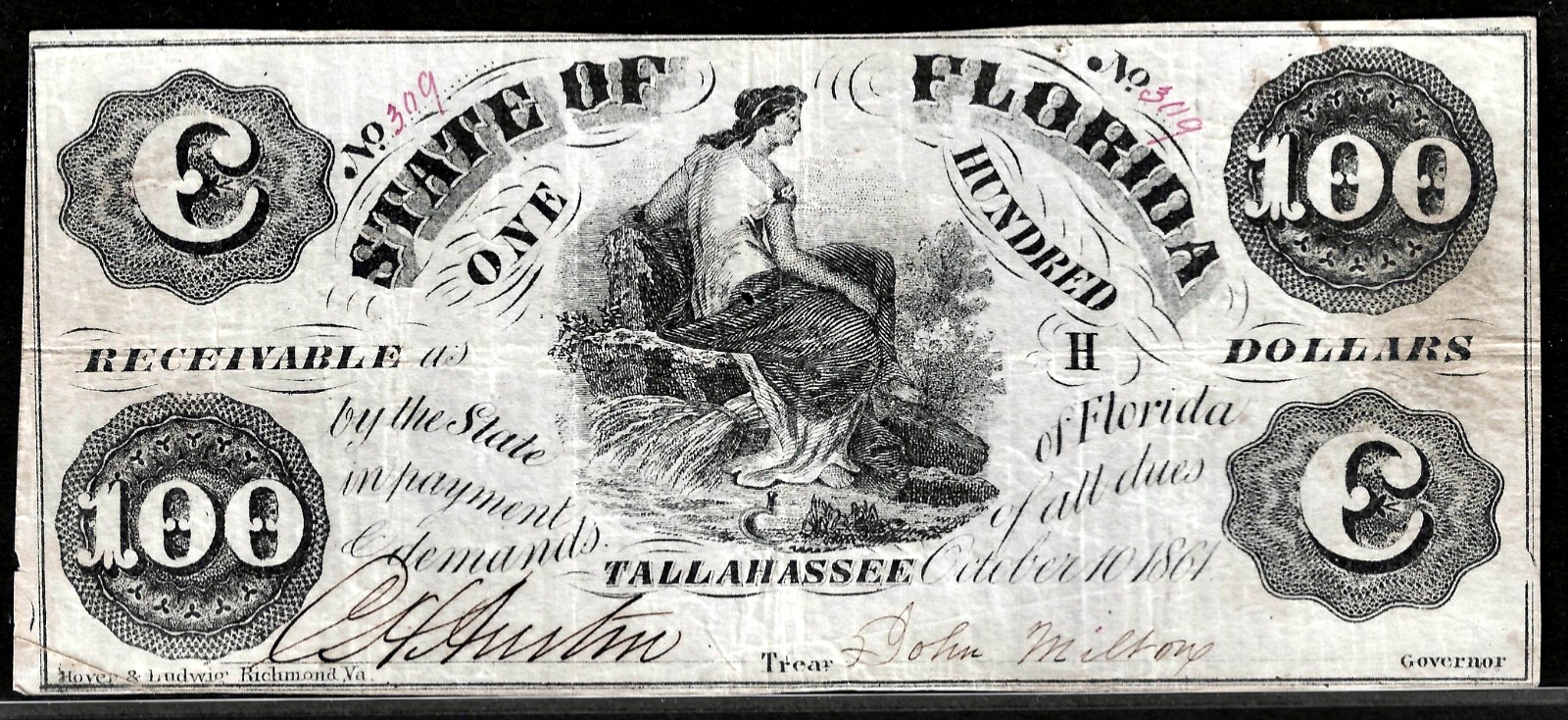 Oct 10, 1861 State Of Florida Tallahassee $100 Dollar Issued Obsolete Banknote