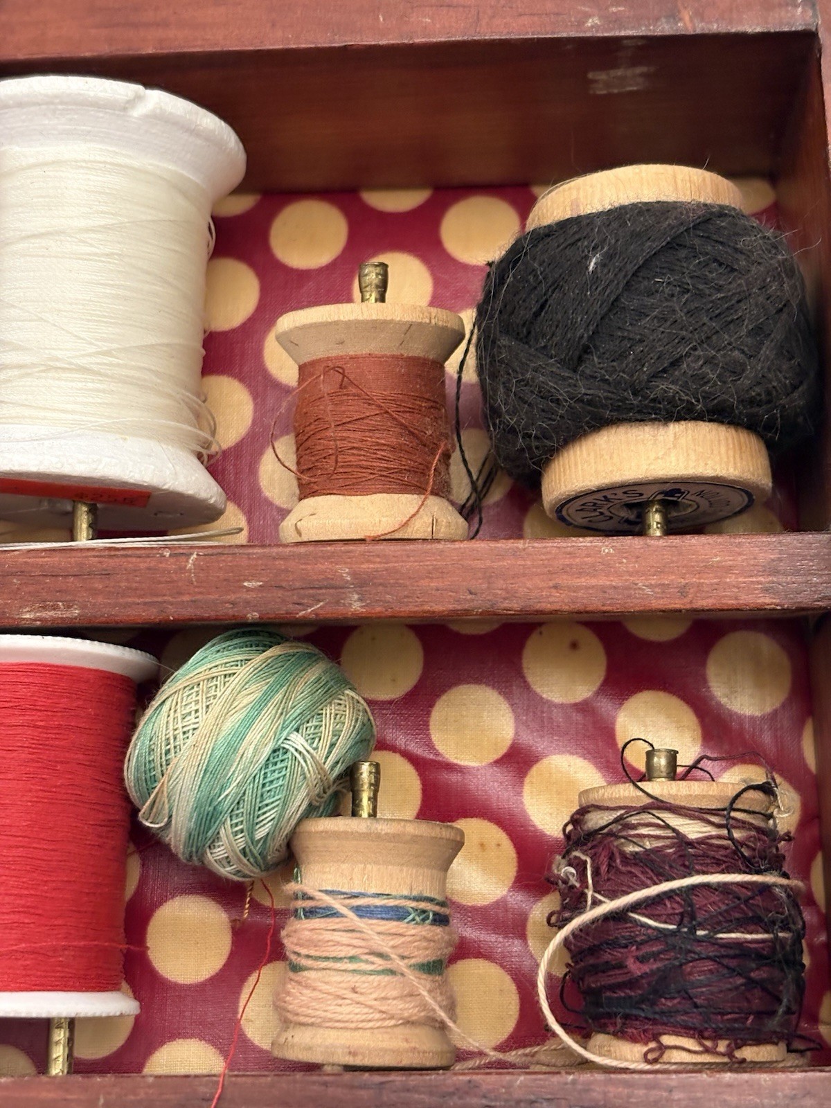 Vintage Case Full Of Wooden Spools Of Thread