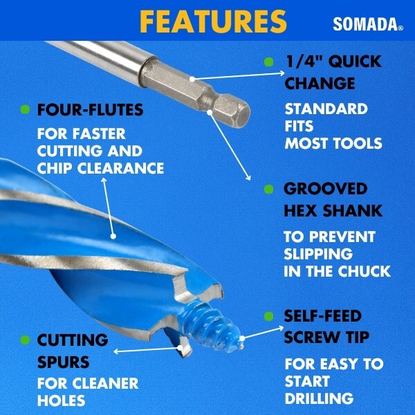 SOMADA Auger Drill Bit Set for Wood, 4-Piece, 1/2", 5/8", 3/4" and 1" Inch Size