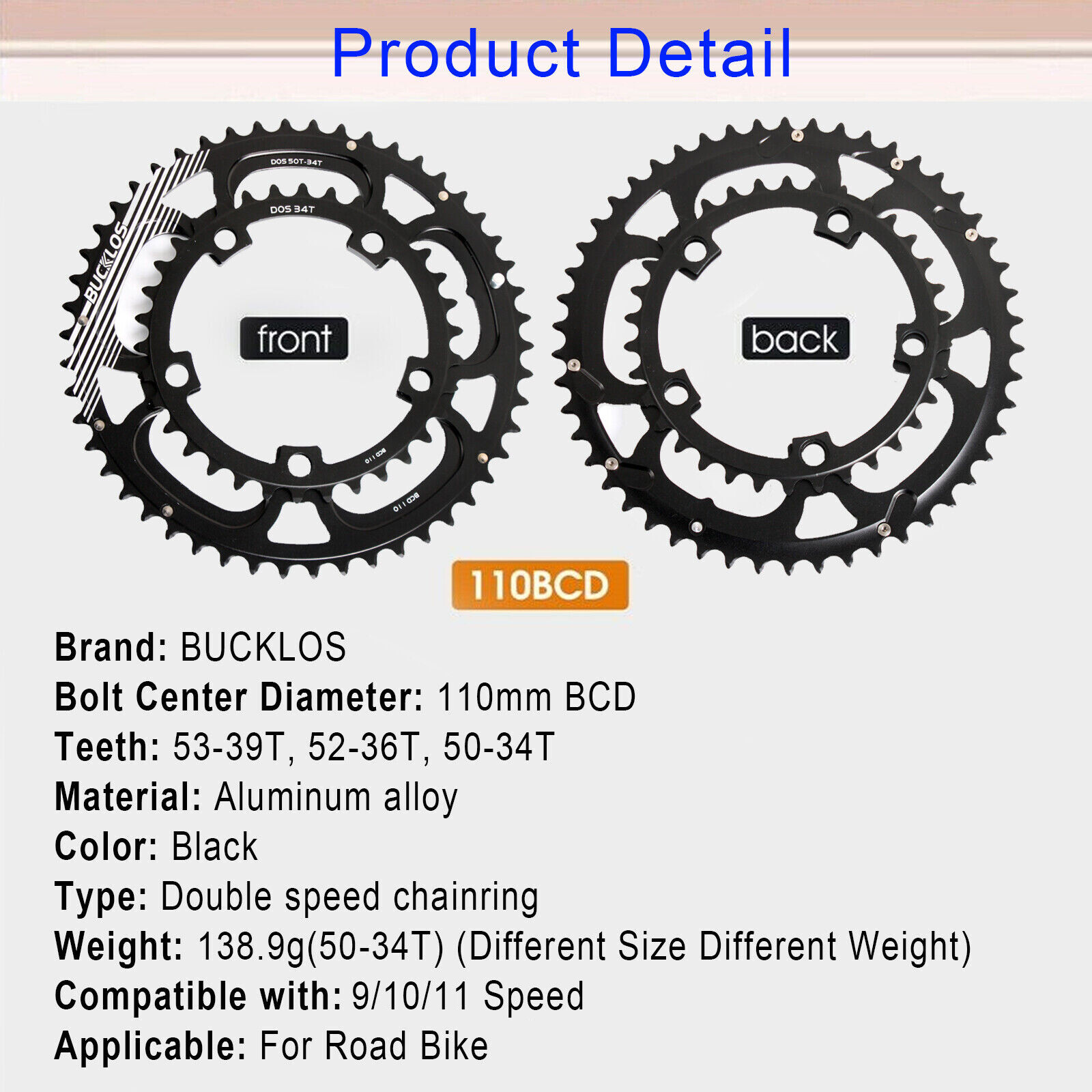 34/36/39/50/52/53T 110BCD Chainring Road Bike Fit Shimano Sram Crankset Aluminum