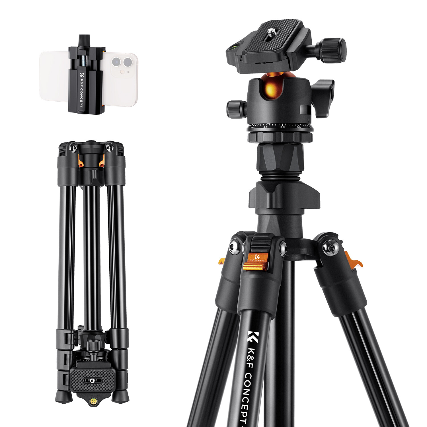 K&F Concept 64" Lightweight SLR Camera Tripod w/ 360° Ball Head & Cellphone Clip