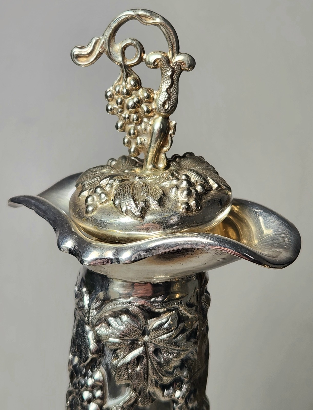 Ornate Antique Port Decanter, Silverplate Mounts, Etched Glass Bottle, Tag