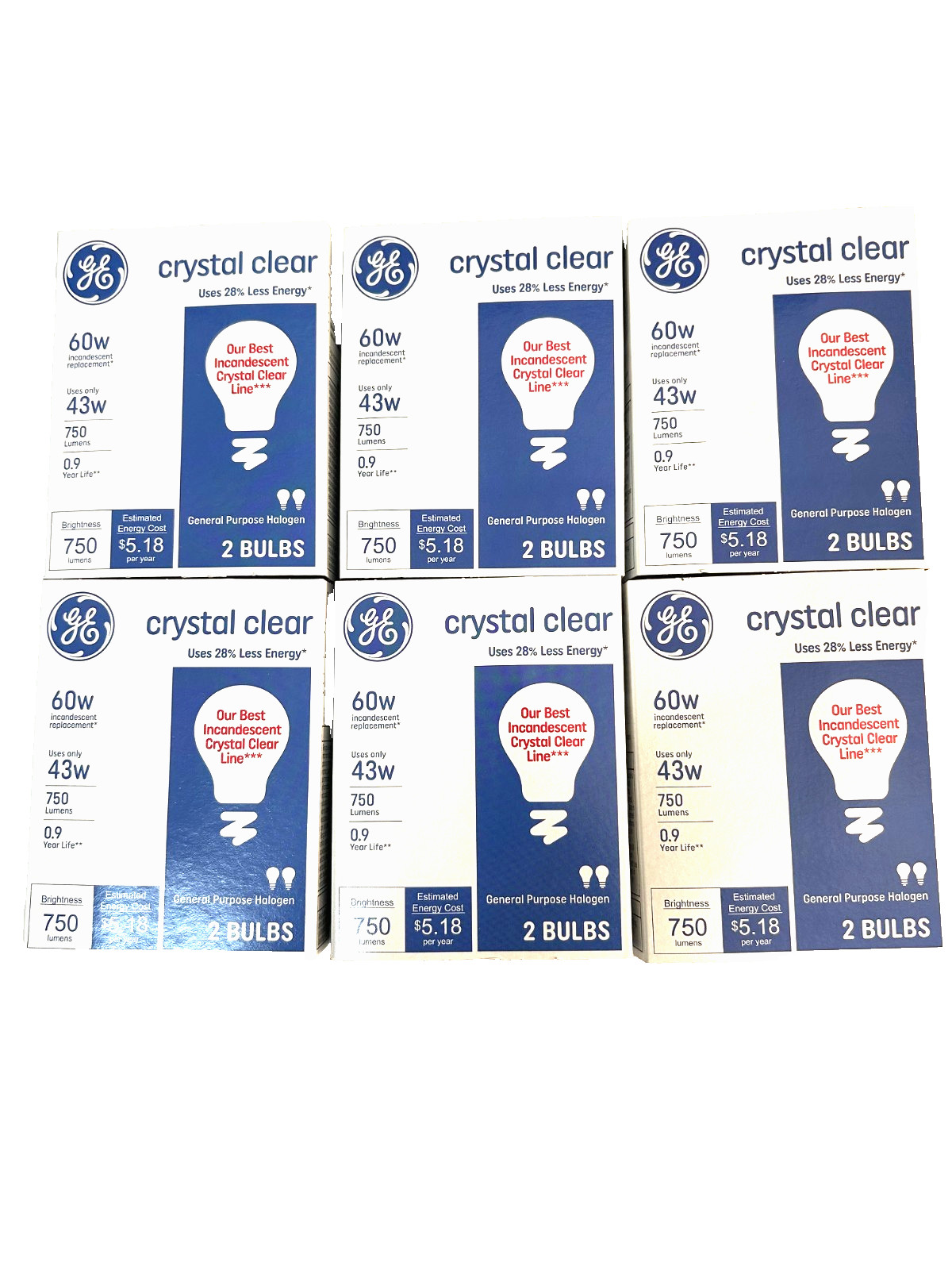 12 Bulbs 6 Pack Light Bulbs GE Clear Glass 43watt equivalent to 60w Dimmable A19