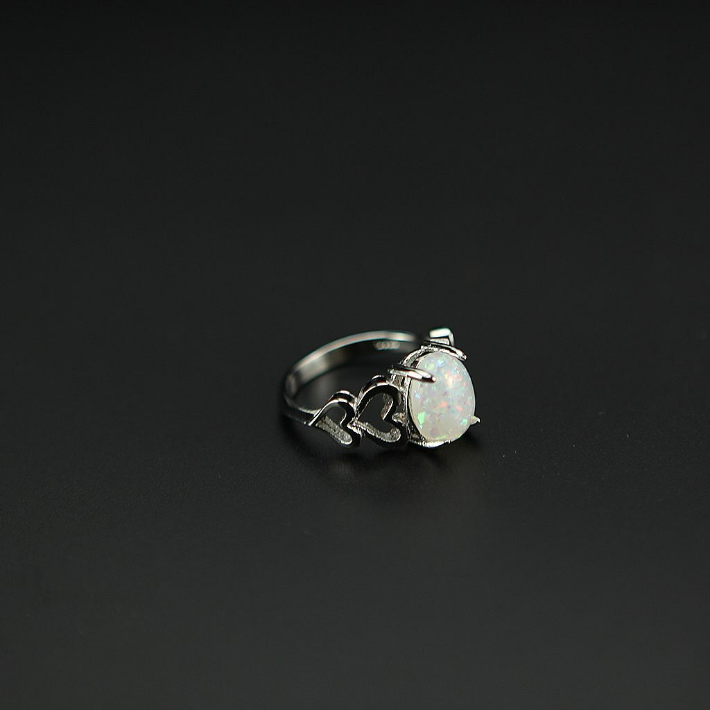 White Opal Love Heart Cutout Promise Ring 925 Sterling Silver Size 6-10 Women