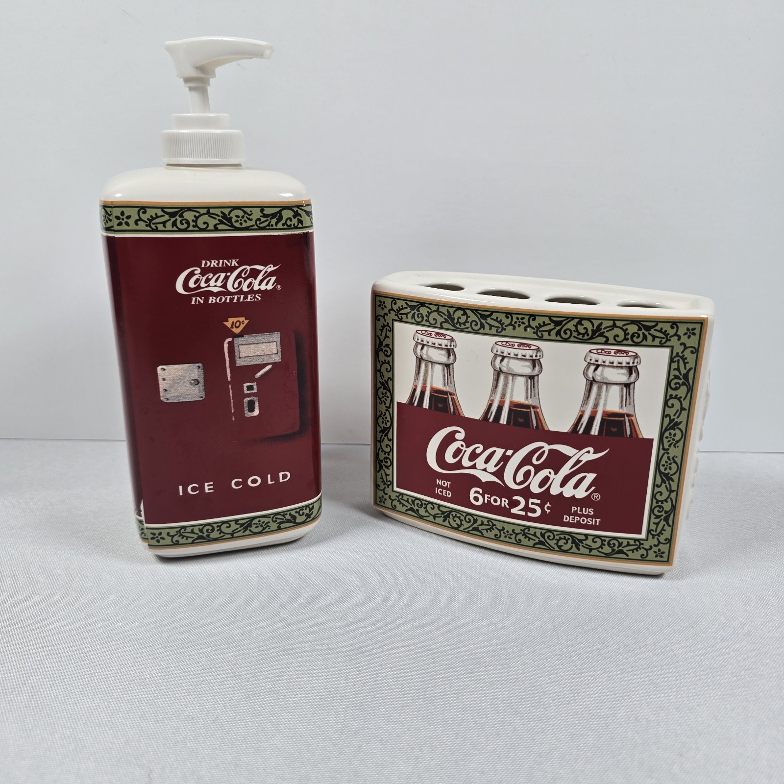 2003 Vintage Coca-Cola Ceramic Bath Set Soap Dispenser 4 Toothbrush Holder