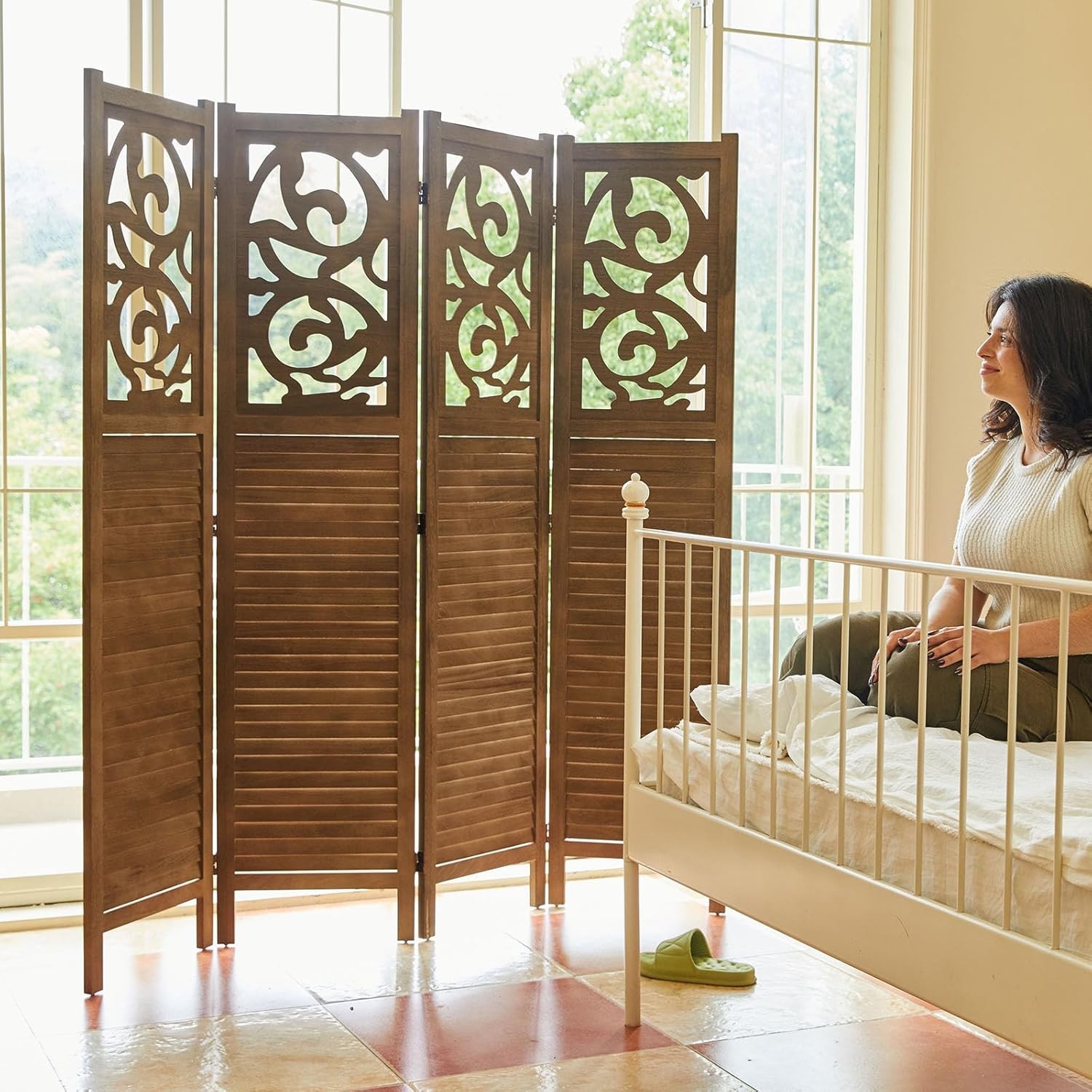 Folding Room Divider, 5.6Ft 4 Panels Wood Carved Privacy Screens,Partition