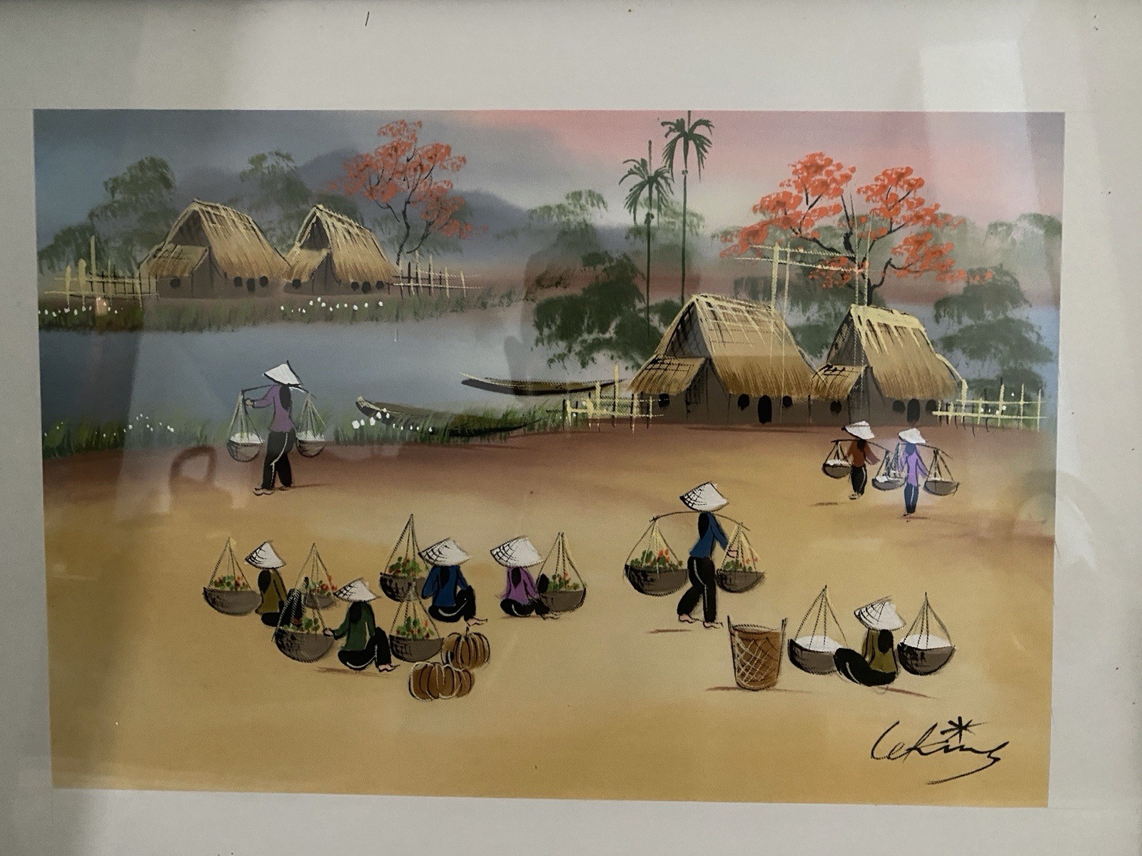 Framed Vietnamese Asian Art Silk Screening Water Colors Signed “Women Working”