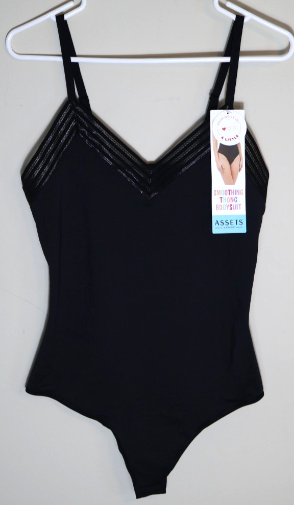 ASSETS by SPANX Women's Lace Trim Thong Bodysuit - Black XL NWT