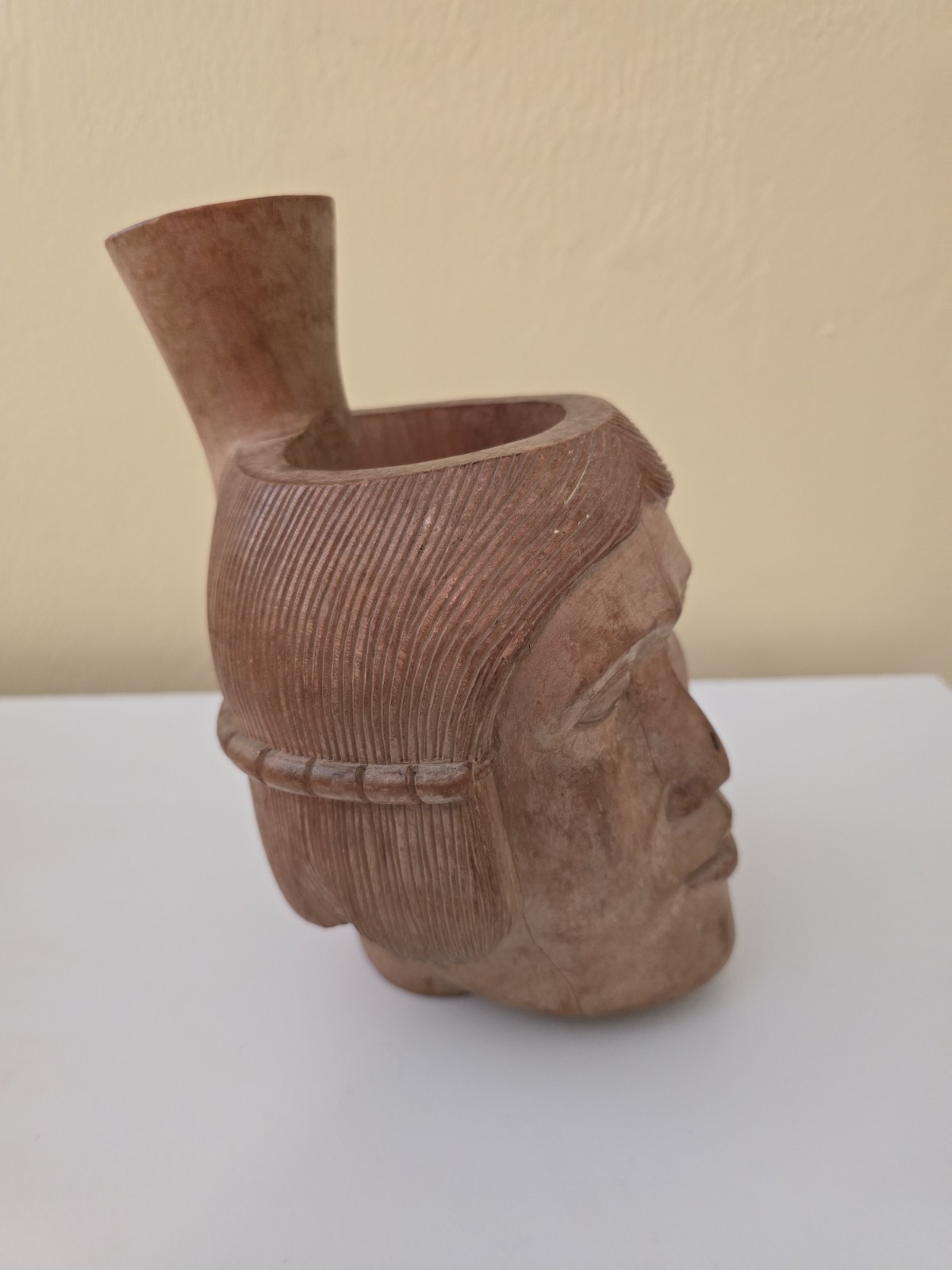Moche Portrait Face Vessel Peruvian Pre-Columbian Style Wood Carving