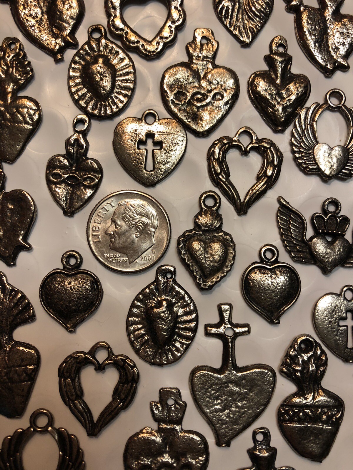 25 Milagro HEART Charms Mix Mexican Folk Art Dark Antique SILVER All HEARTS