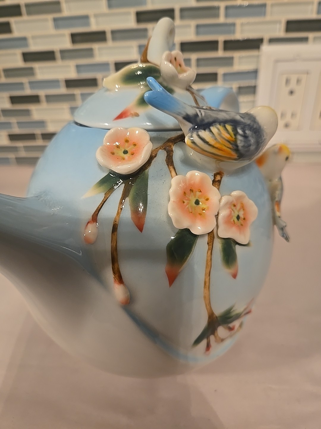 Pier 1 Imports Hand Painted Porcelain 3D Decorative Teapot Birds Flowers 7”