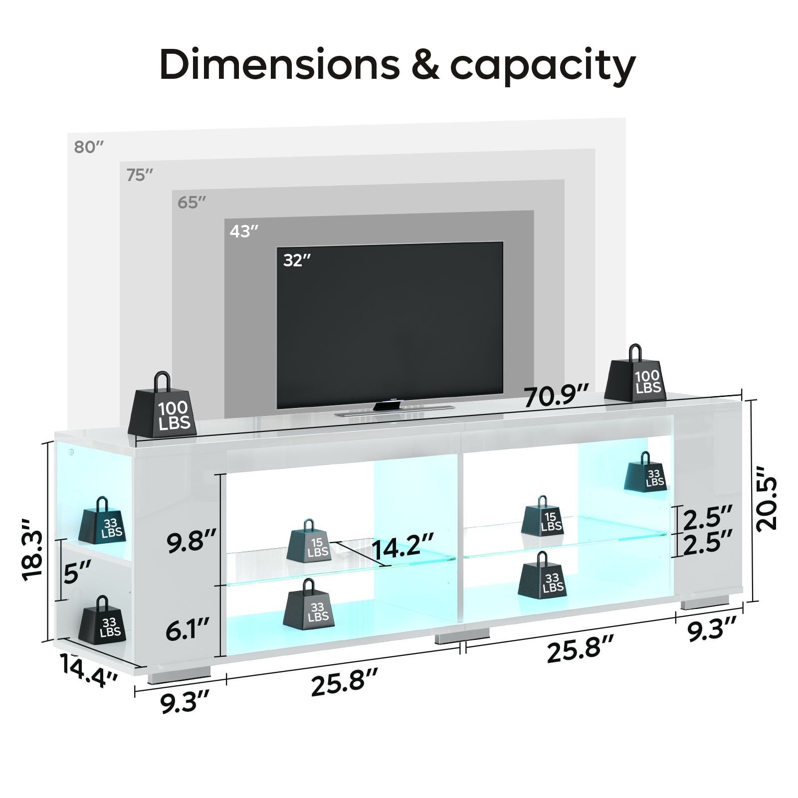 LED TV Stand for TVs up to 80", Gaming Entertainment Center with Lights - White
