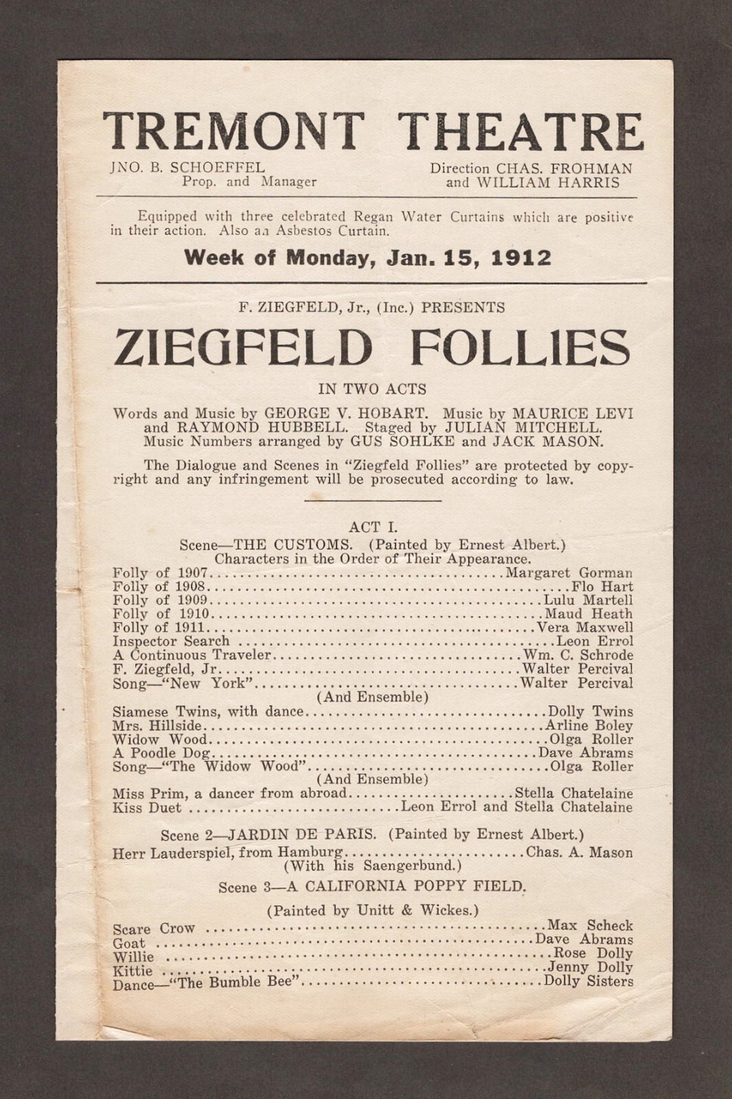 Bert Williams "ZIEGFELD FOLLIES" Fanny Brice / Dolly Sisters 1912 Boston Program