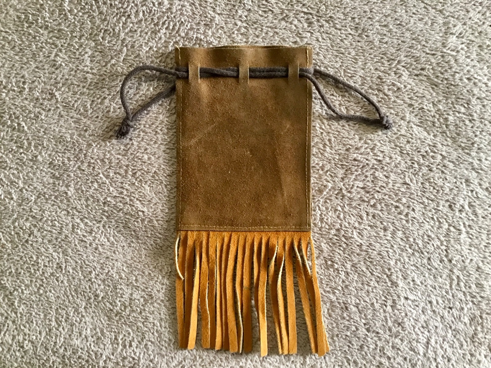 Vintage 1970's Brown Leather Drawstring Stash Pouch With Fringe