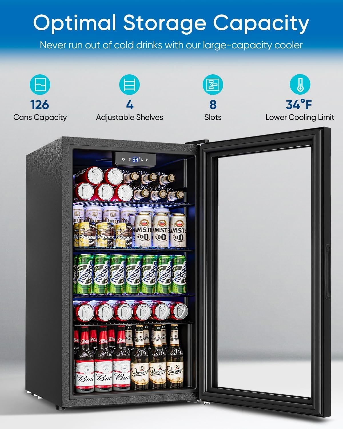 3.2 Cu.Ft Mini Fridge with Glass Door - 126 Can Beverage Refrigerator Cooler ...