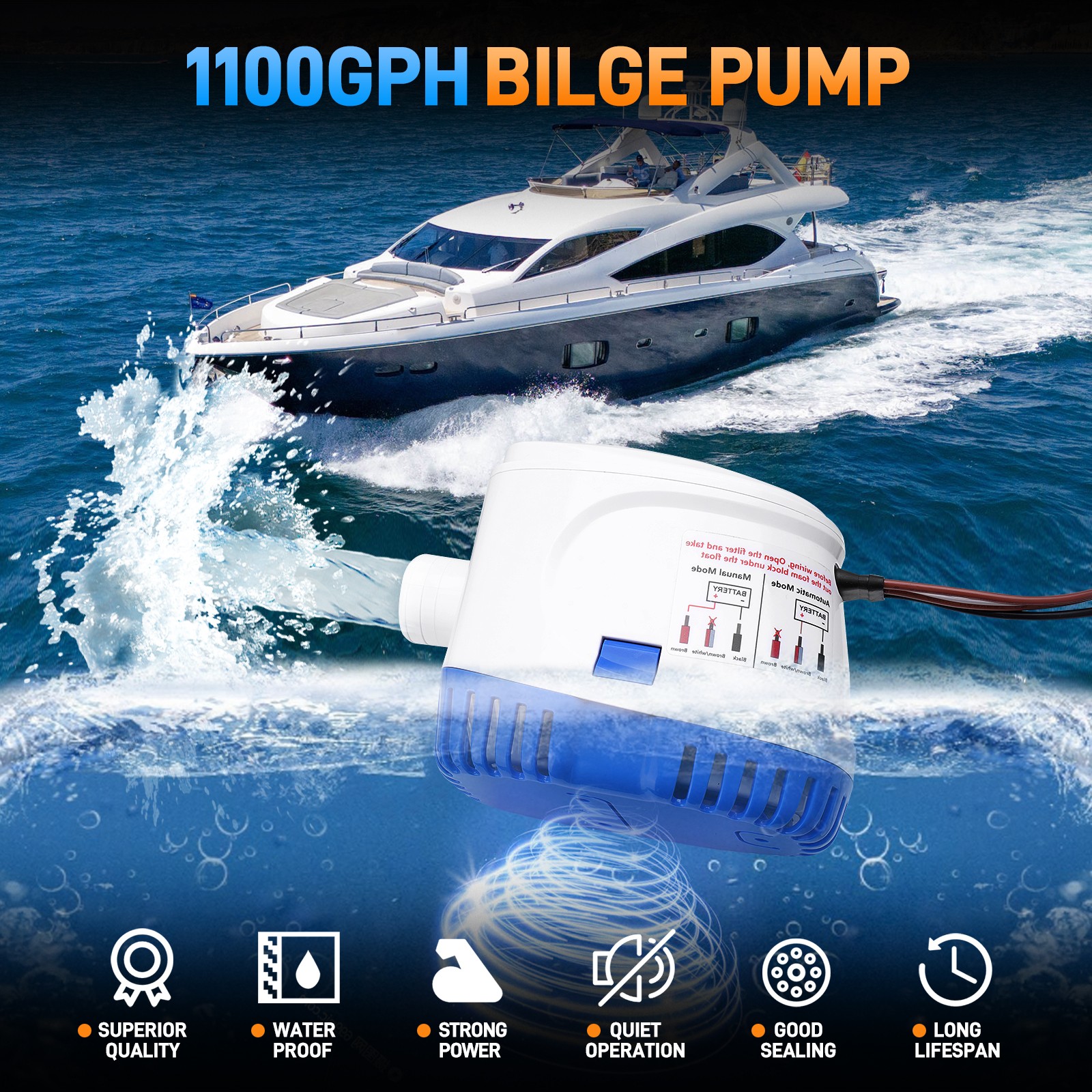 12V 1100GPH Automatic Submersible Boat Bilge Water Pump With Auto Float Switch