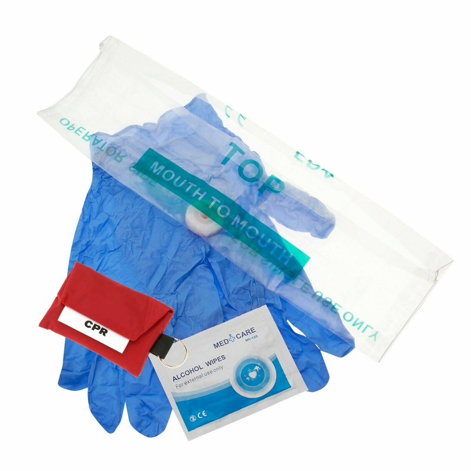25 PACK of CPR Kits - One Way Valve Face Shield Mask + Gloves + Keychain Pouch