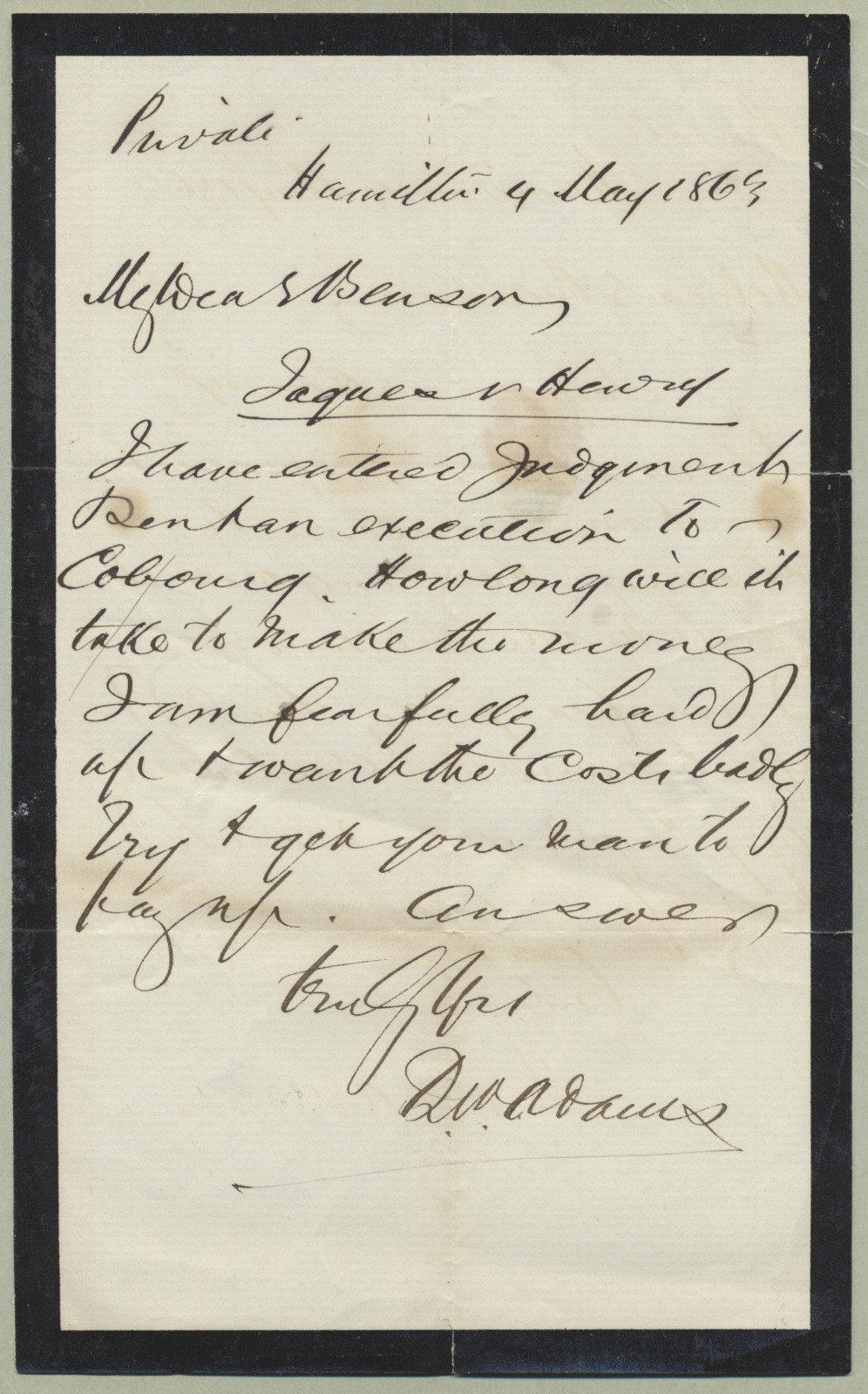 1863 Stampless Mourning Cover with Letter Hamilton CW to Port Hope 'PAID 5'