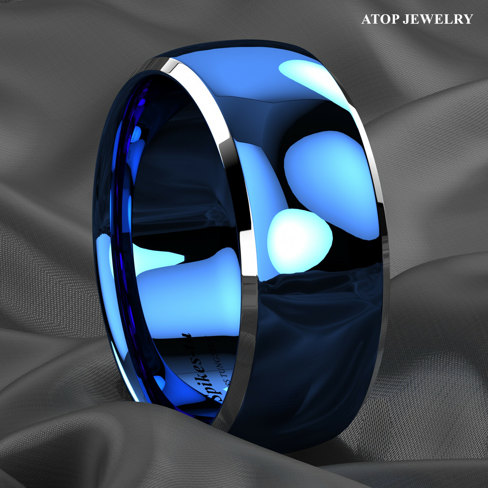 8mm ATOP Dome Blue Silver Edges Tungsten Ring for Men Comfort Fit Wedding Ring