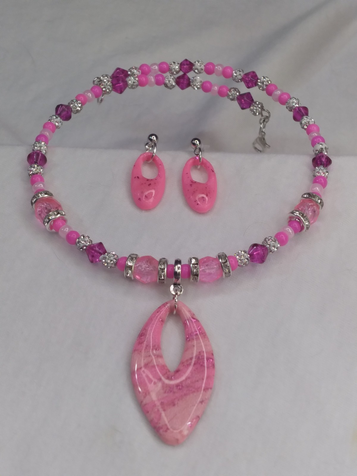 Handcrafted Beaded Pink Polymer Clay Pendant Memory Wire Choker Earring Set