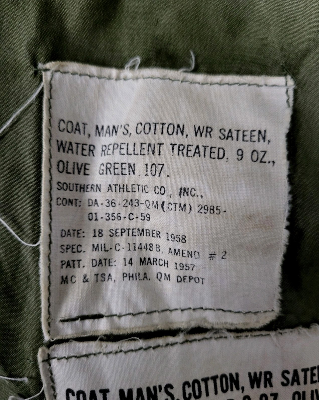 Vintage US Military OG-107 Sateen M51 Field Jacket Olive Green Regular XS 1958