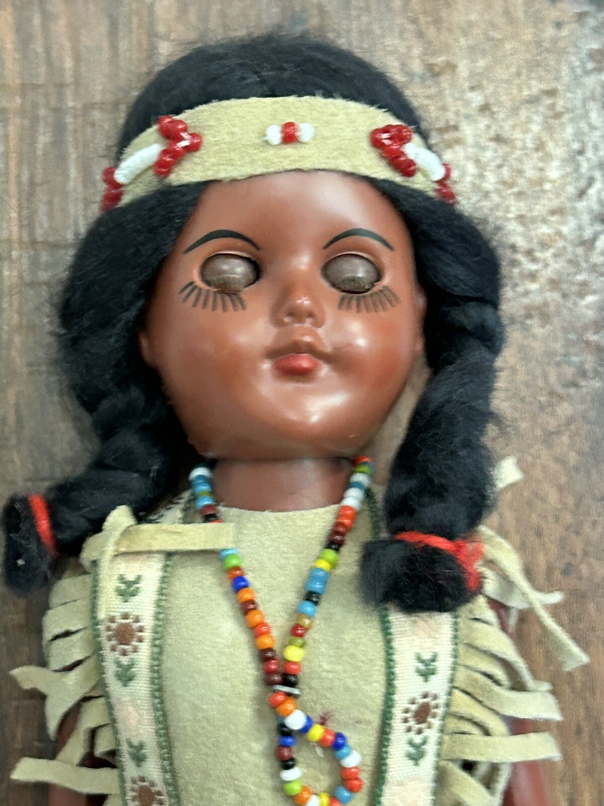 Vintage Native American Indian Sleepy Eye Doll Plastic W/ Leather Clothes Beads