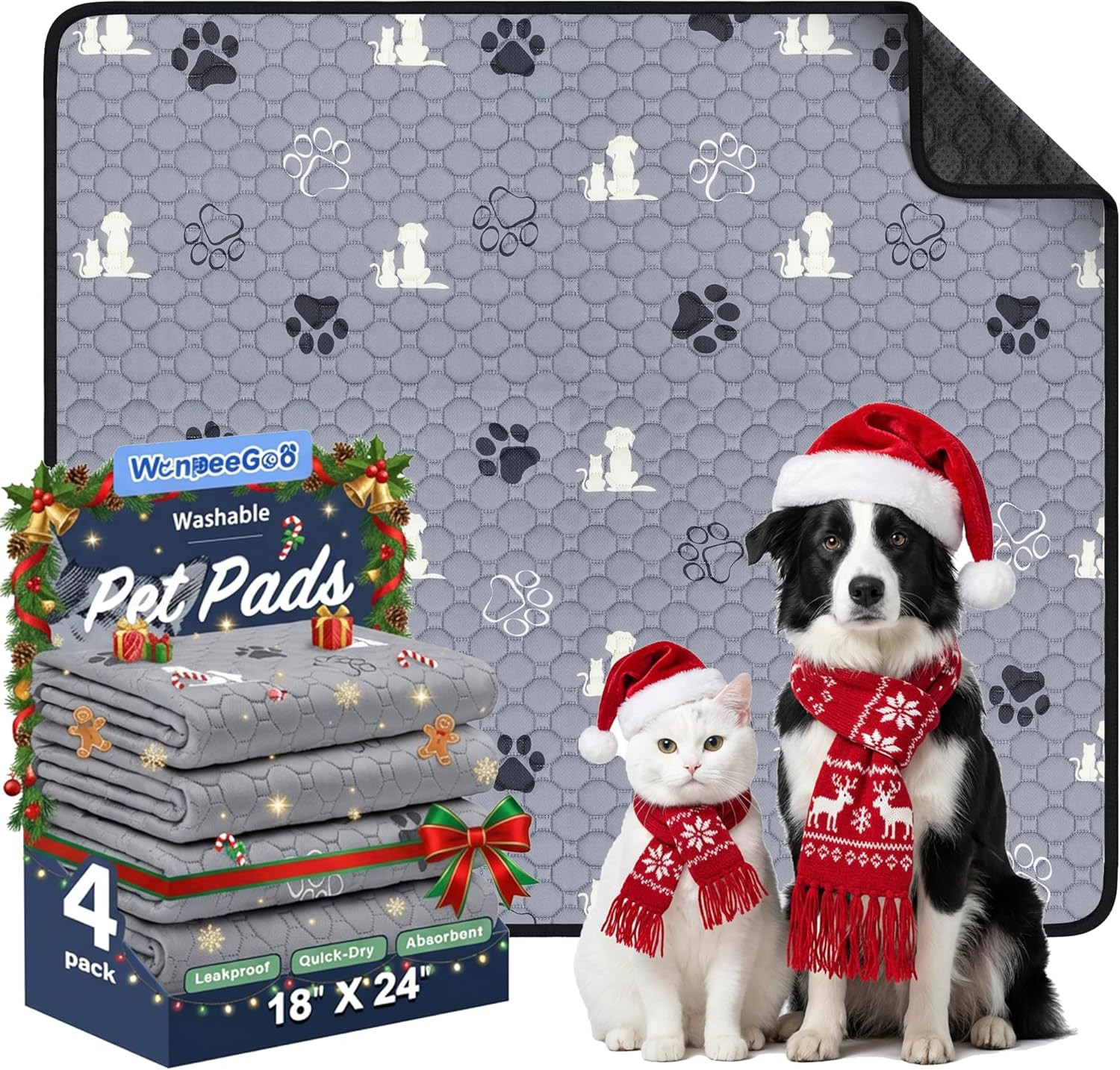 Washable Pee Pads for Dogs, 4 Pack Absorbent Reusable Training Dog Pads Pet Pupp