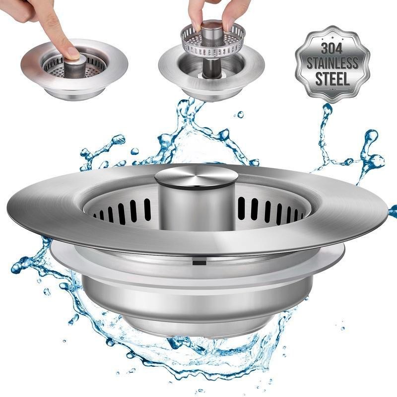 3-in-1 Kitchen Sink Drain Kit All-Metal Strainer Stopper