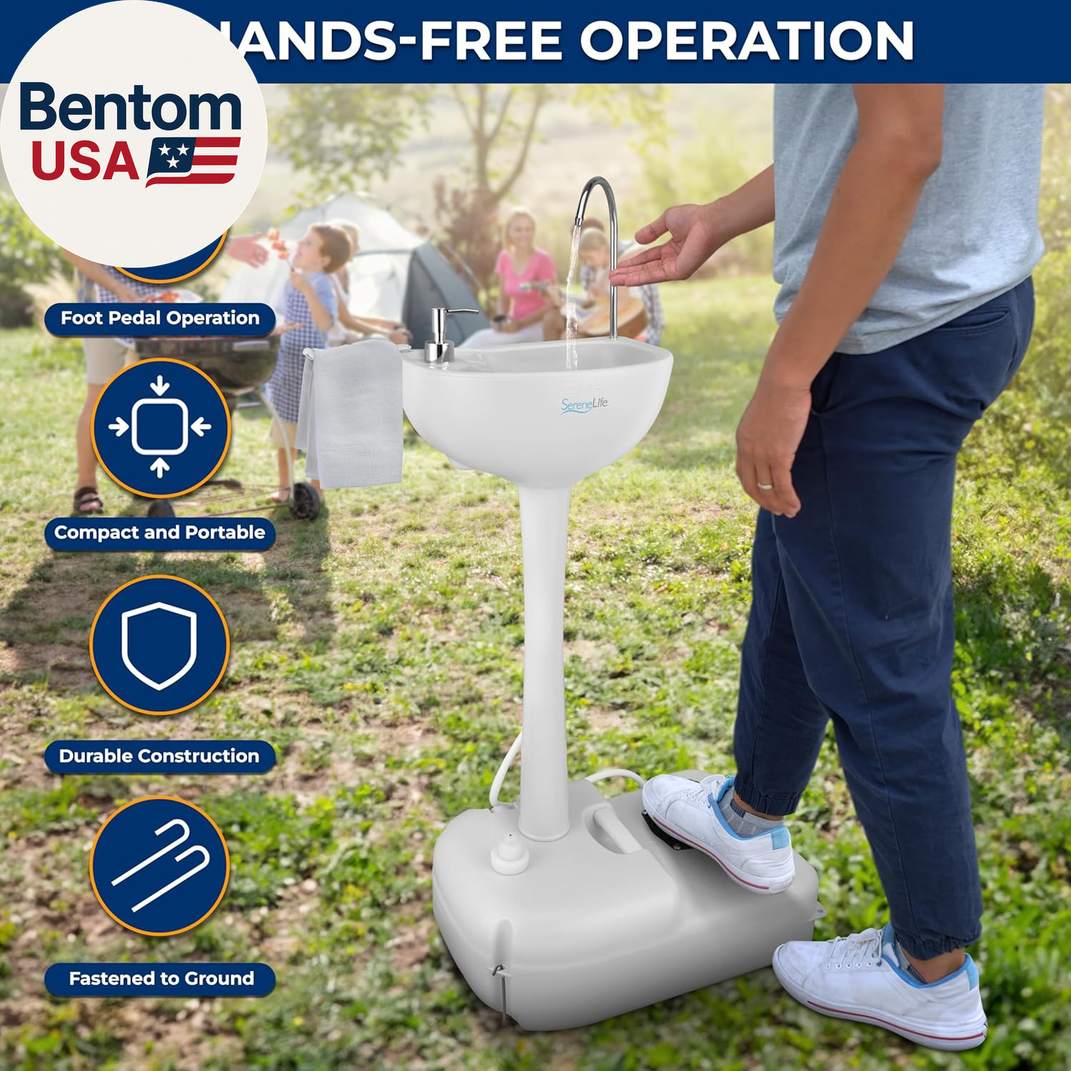 Portable Camping Sink with 19L (5+ Gallon) Water Tank, Hands-Free Foot Pump, Soa