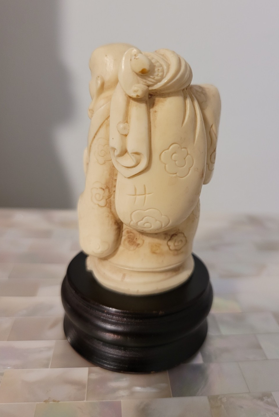 Vintage Japanese Carved Happy Buddha Figurine on Wood Stand 3-3/4" tall