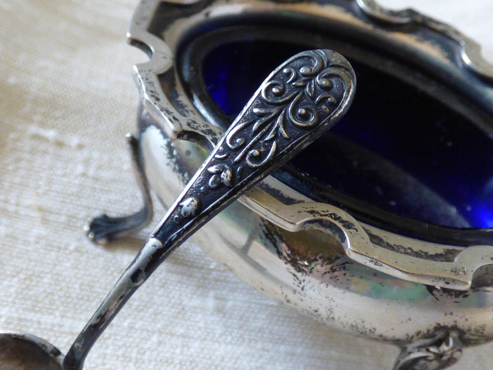 Sterling Silver Salt Cellar With Cobalt Blue Glass Liner & Spoon Webster Company